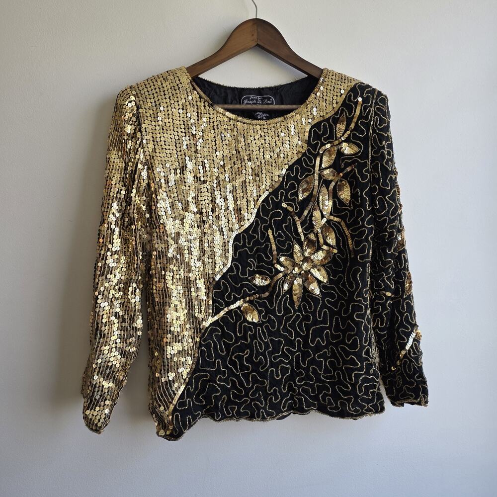 VTG Jean For Joseph Le Bon Top Womens Small Gold Black 100% Silk Sequin Mob Wife